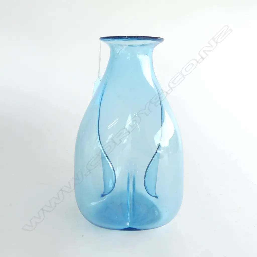 PROBABLY HOLMEGAARD BLUE GLASS VASE 'PINCHED' INTO THREE SECTIONS VASE (OR DECANTER). H. 290mm Image 1++
