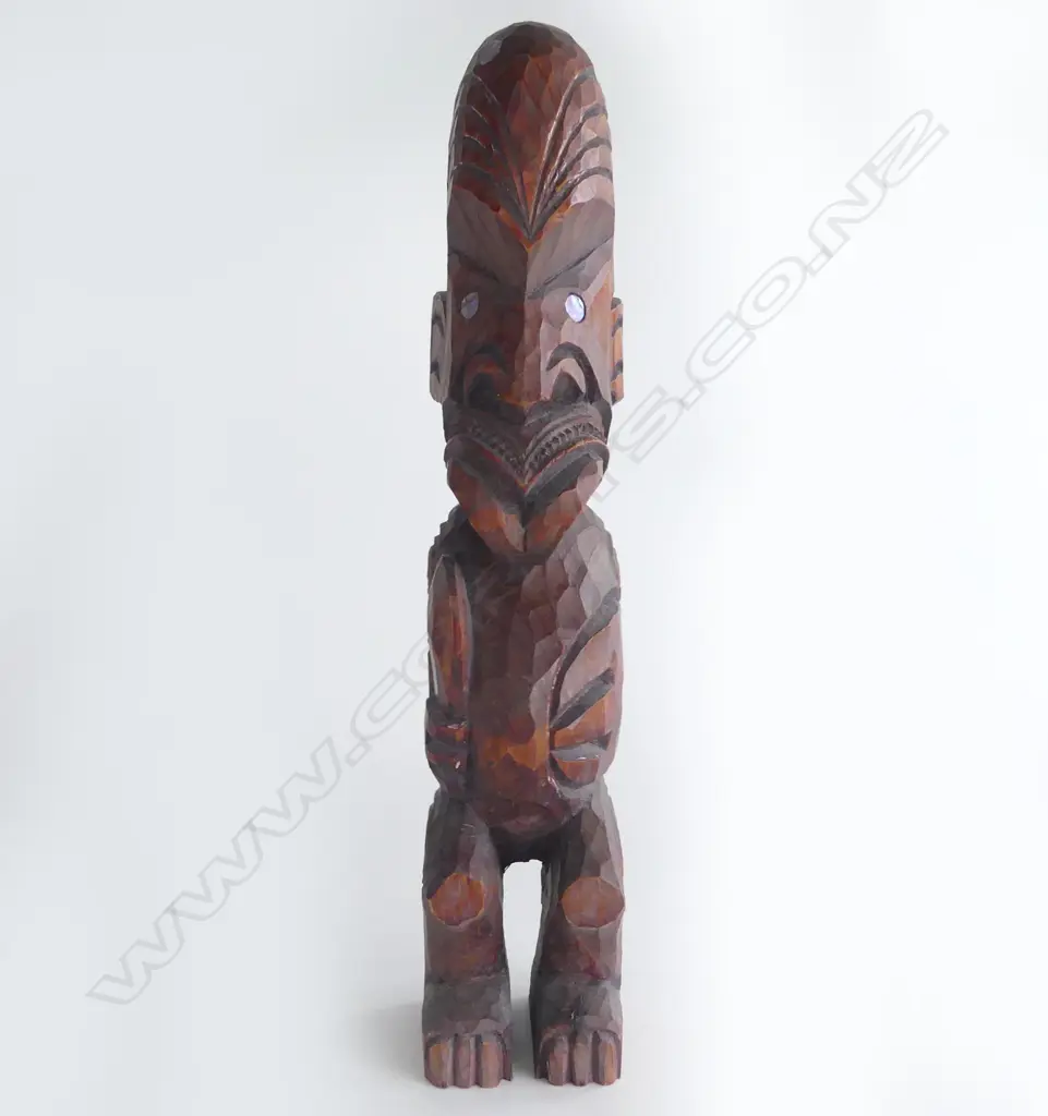MAORI CARVED TEKOTEKO paua shell eyes mid/late 20thC. H.360mm. Image 1++