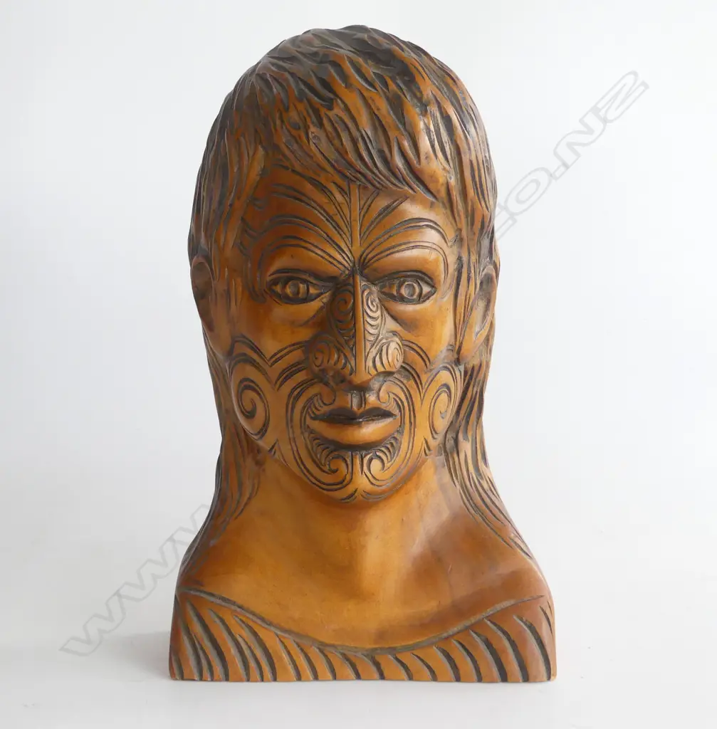 MAORI CARVED KAURI PORTRAIT BUST OF A MAORI CHEIF H.250mm. Detailed on reverse 'Maori Chief respected...Hemi. N.Z.' Image 1++