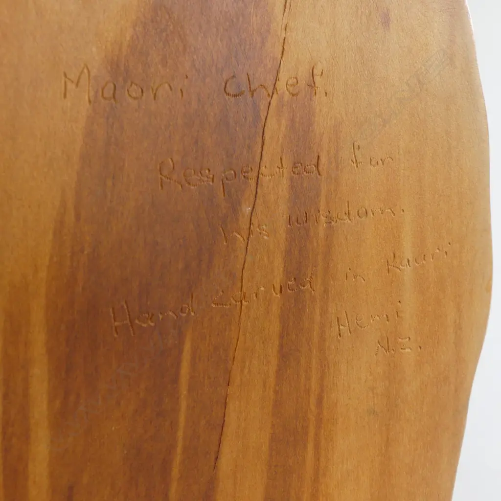 MAORI CARVED KAURI PORTRAIT BUST OF A MAORI CHEIF H.250mm. Detailed on reverse 'Maori Chief respected...Hemi. N.Z.' Image 1++