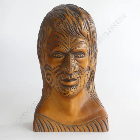 MAORI CARVED KAURI PORTRAIT BUST OF A MAORI CHEIF H.250mm. Detailed on reverse 'Maori Chief respected...Hemi. N.Z.'