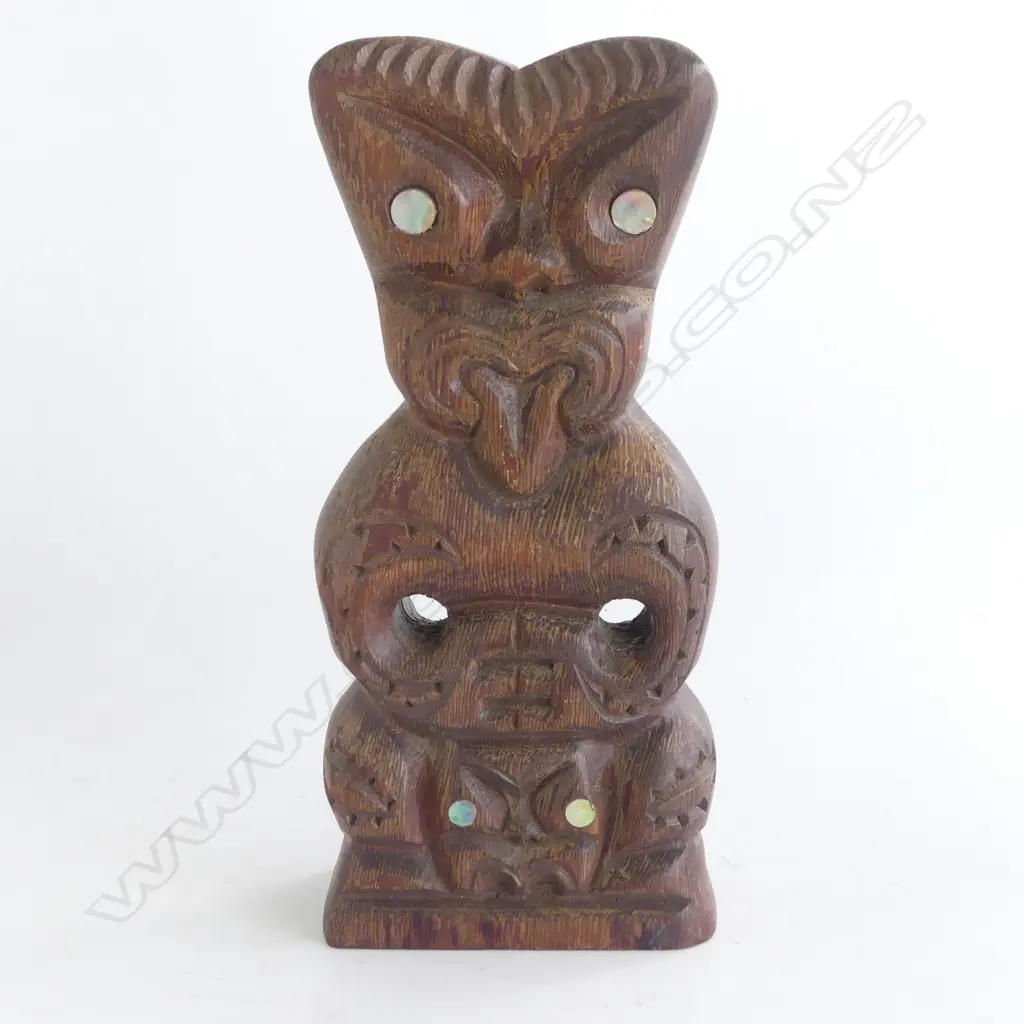 MAORI CARVED & EBONISED TEKOTEKO paua shell eyes mid/late 20thC. H.205mm. Collected U.S.A. c1990's Image 1++