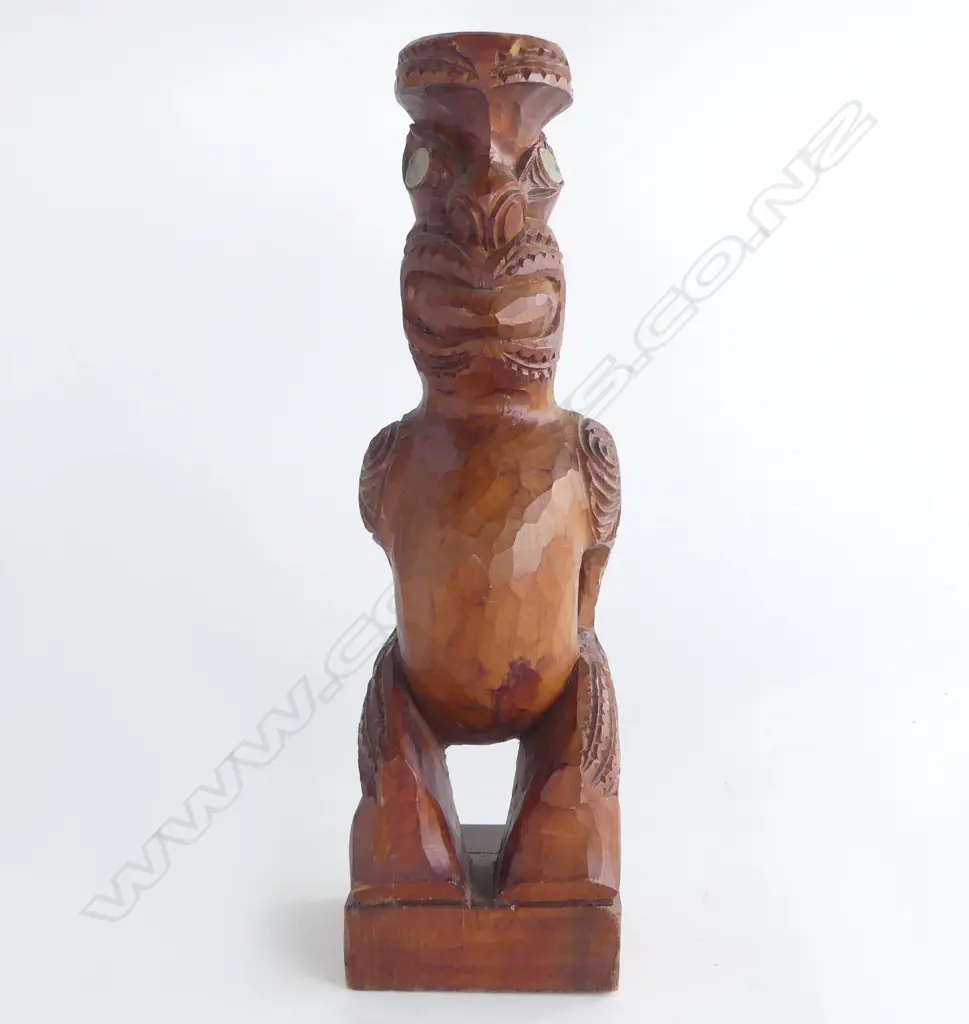 MAORI CARVED TEKOTEKO paua shell eyes mid/late 20thC. H.280mm. Image 1++