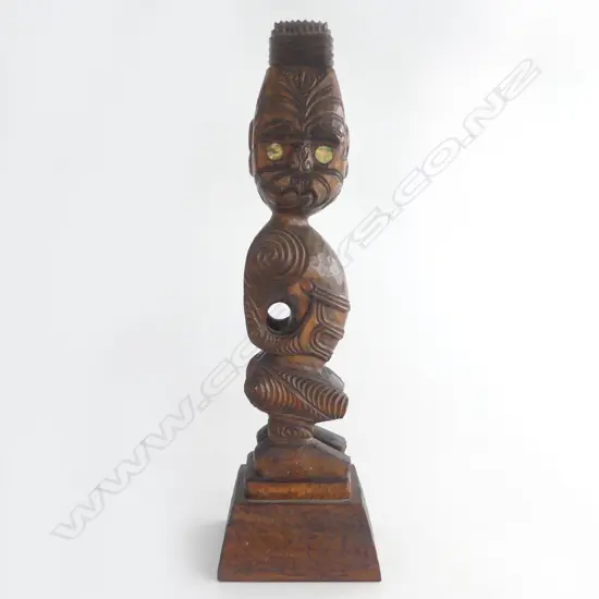 MAORI CARVED TEKOTEKO the base detailed George Harn ?Tauranga Historic Village 1980 H.330mm
