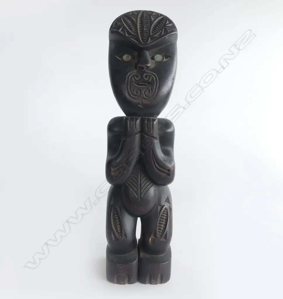 MAORI CARVED & EBONISED TEKOTEKO paua shell eyes mid/late 20thC. H.290mm. Image 1++