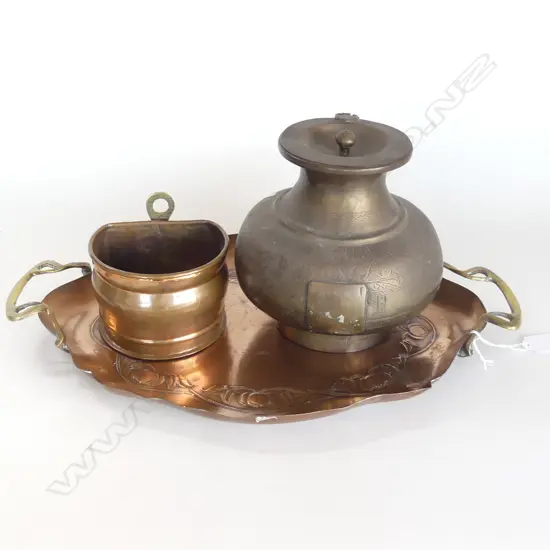 Orante Art Nouveau Copper and Brass Tray, Antique Persian Brass Lidded Vessel 170mm & sm copper hanging pot