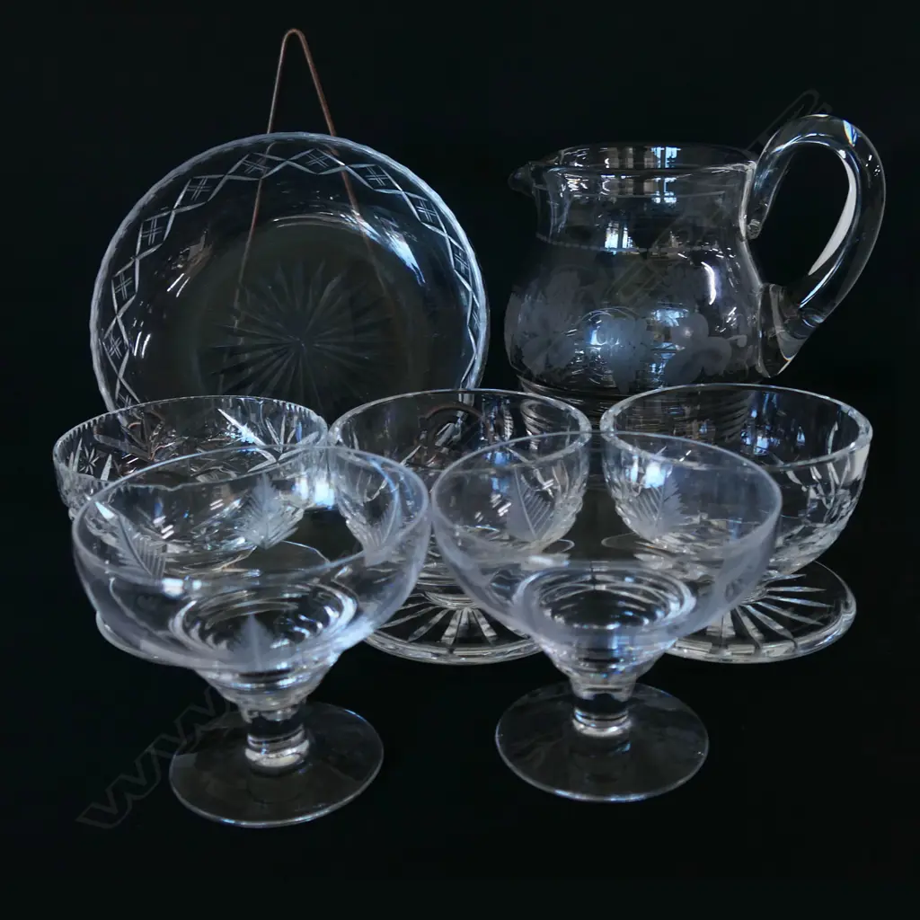 7 PC CUT CRYSTAL: 5 DESSERT BOWLS: 2 STUART/3 WEBB CORBETT), STUART JUG (H.160mm) & STAMPED BOWL (DIA.180mm) Image 1++