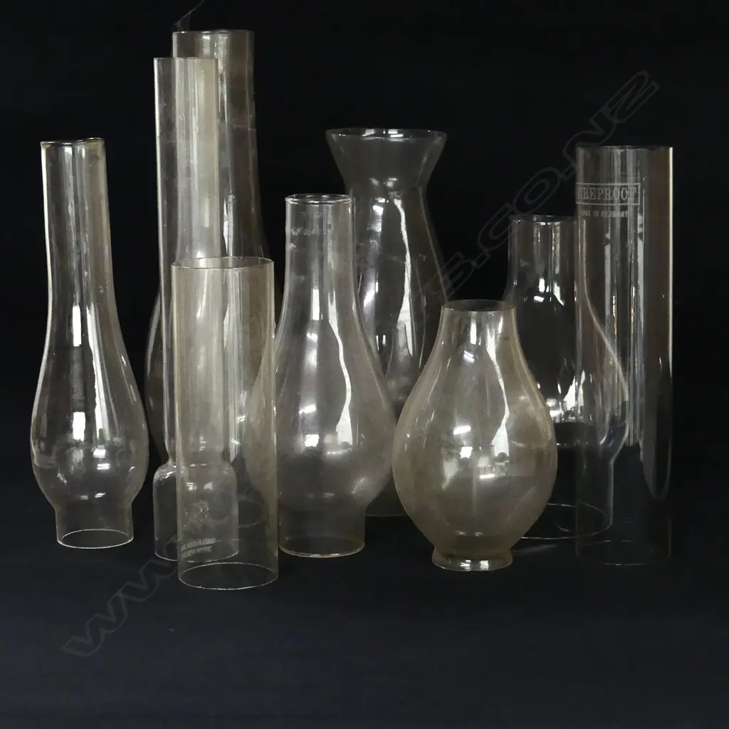 NINE GLASS CHIMNEYS FOR KEROSENE LAMPS H.13CM-26CM Image 1++