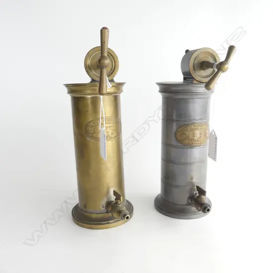 2 FRENCH VERITABLE IRRIGATEURS 1 IN BRASS 1 IN PEWTER H220MM