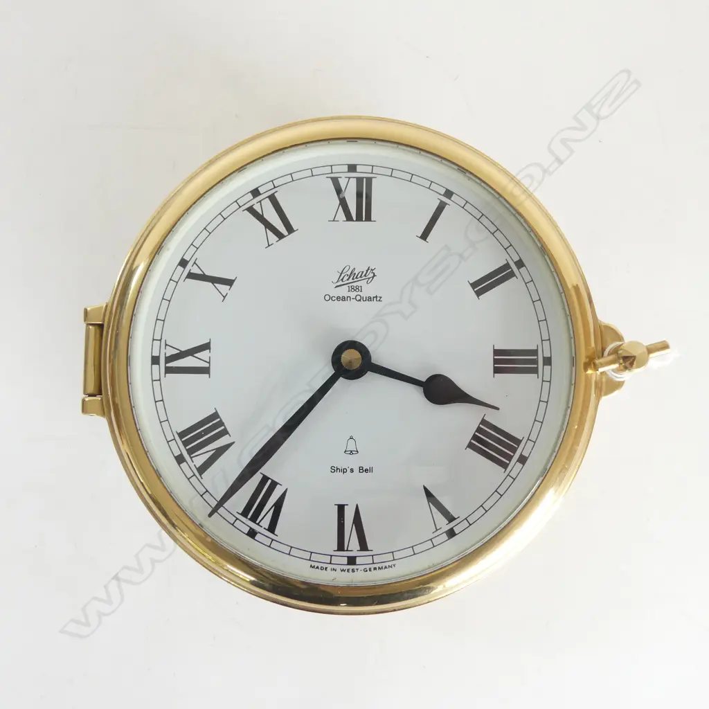 SCHATZ BRASS SHIPS CLOCK w. NEW BATTERY MECHANISM 180mm dia Image 1++