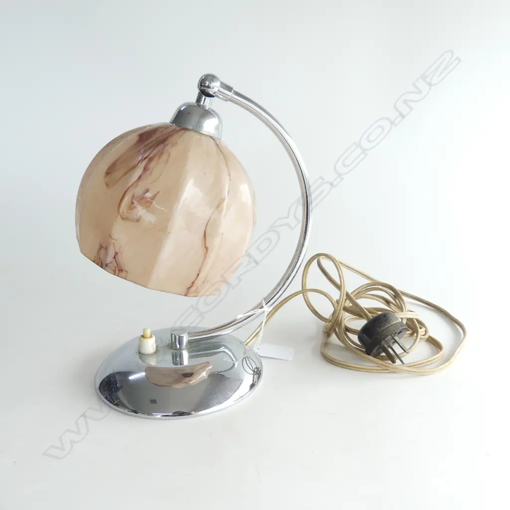 ART DECO CHROME BEDSIDE LAMP WITH CIRCULAR 'MARBLED' GLASS SHADE  Image 1++