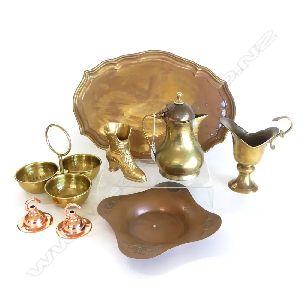 Vintage Brass Tray w 7 asst brass & copper, incl Antique J&S Copper Bowl, Brass Boot, brass jug & others Image 1++