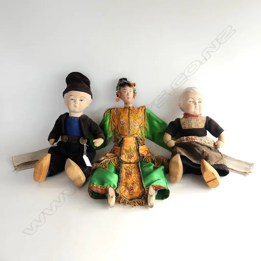 3 OLD DOLLS: PR DUTCH w composition heads & Chinese w fancy silk robes  Image 1++