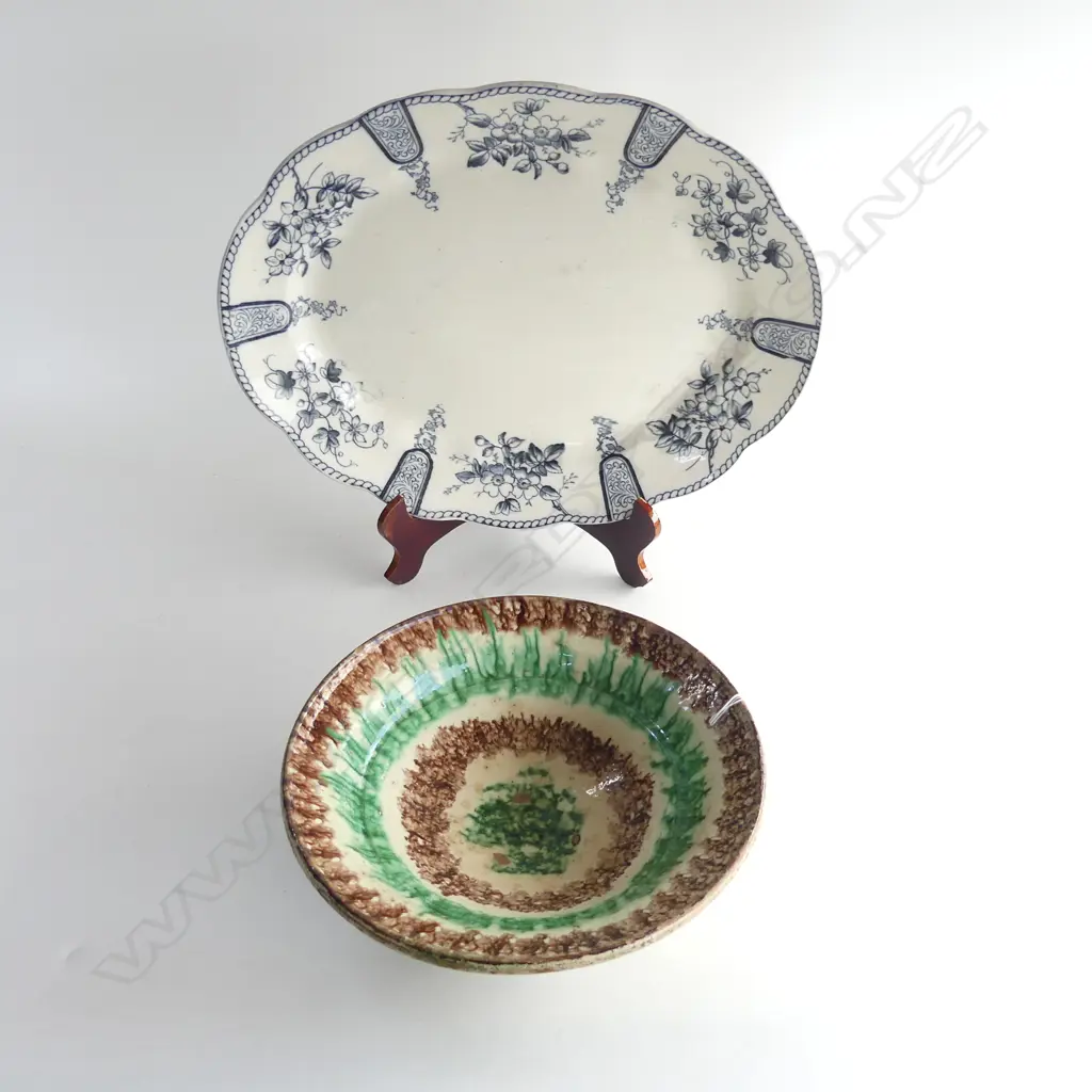 PAKISTAN SWAT VALLEY SPONGE DECORATED BOWL minor chipping + LGE ENGLISH OLD BLUE & WHITE ASHETE  Image 1++