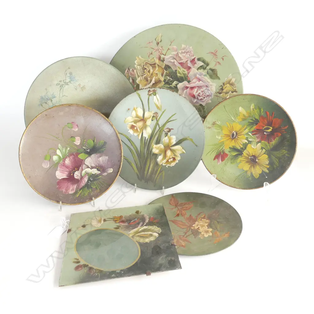 6 EARLY 20thC CIRCULAR FLORAL ARTWORKS, OIL ON METAL 395-215mm dia + 1 200x200mm Image 1++