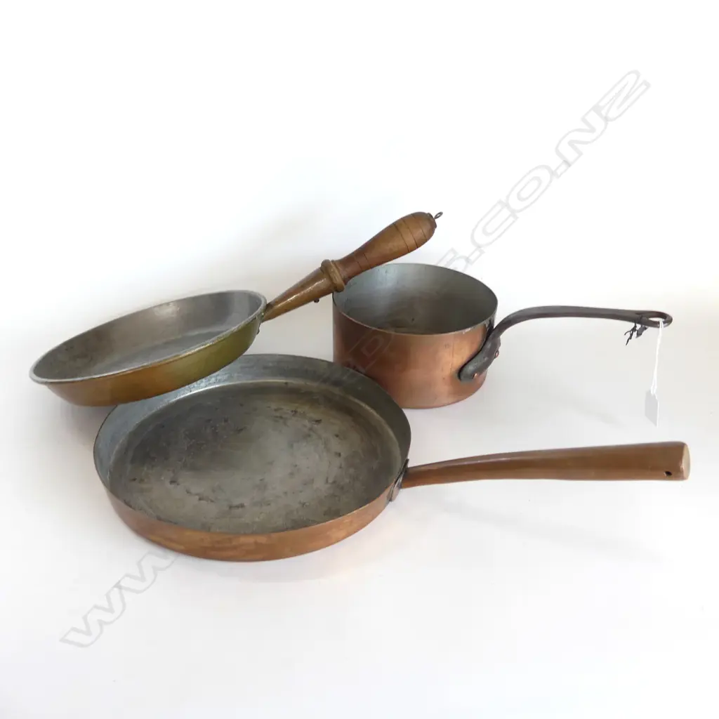 Vintage French Copper + Iron Pot, Vintage pan w wooden handle & Large Antique French Copper Frypan Image 1++