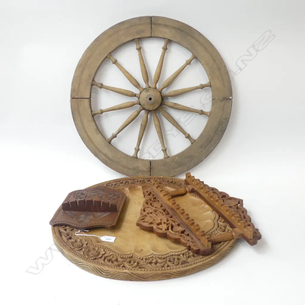4 WOODEN PCES; WHEEL 530mm dia, LG CARVED PLATE, 2 TEA SPOON HOLDERS Image 1++