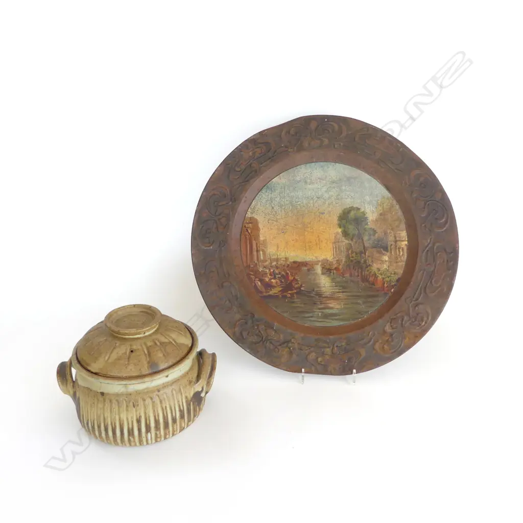 LIDDED CASSEROLE 70S INITIALLED LB 210X140mm & UNUSUAL METAL CHARGER WITH CENTRAL SCENE FROM CLAUDE LARRAINE. Dia 390mm Image 1++