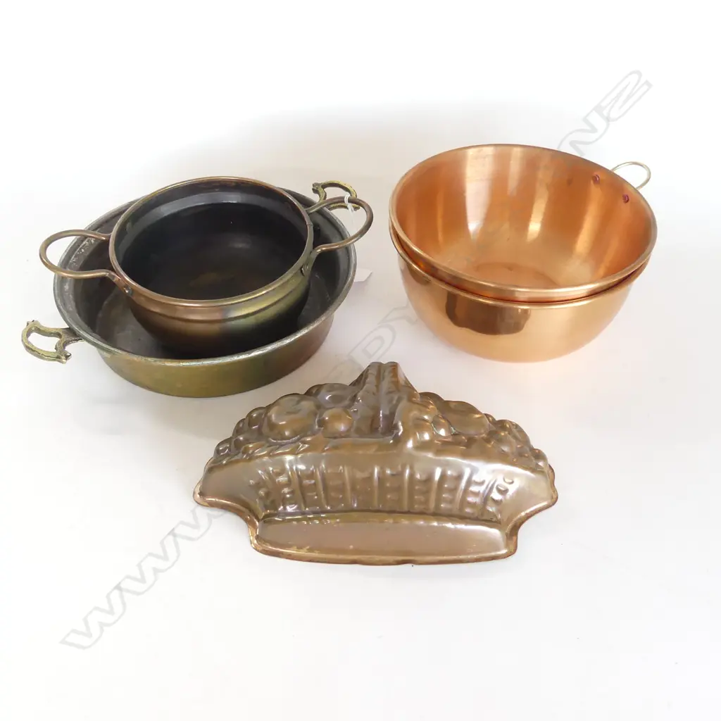 5 pc, Vintage Copper Pan with Brass Handles, pr copper mixing bowls, copper handled pot & fruit basket mould Image 1++