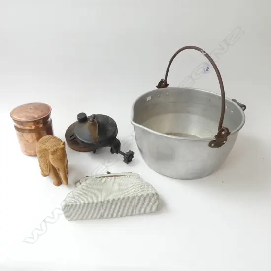 JAM PAN 350mm dia, WHEEL TOOL, OROTON HAND BAG, CARVED WOODEN ELEPHANT, 3 COPPER CONTAINERS H.150mm