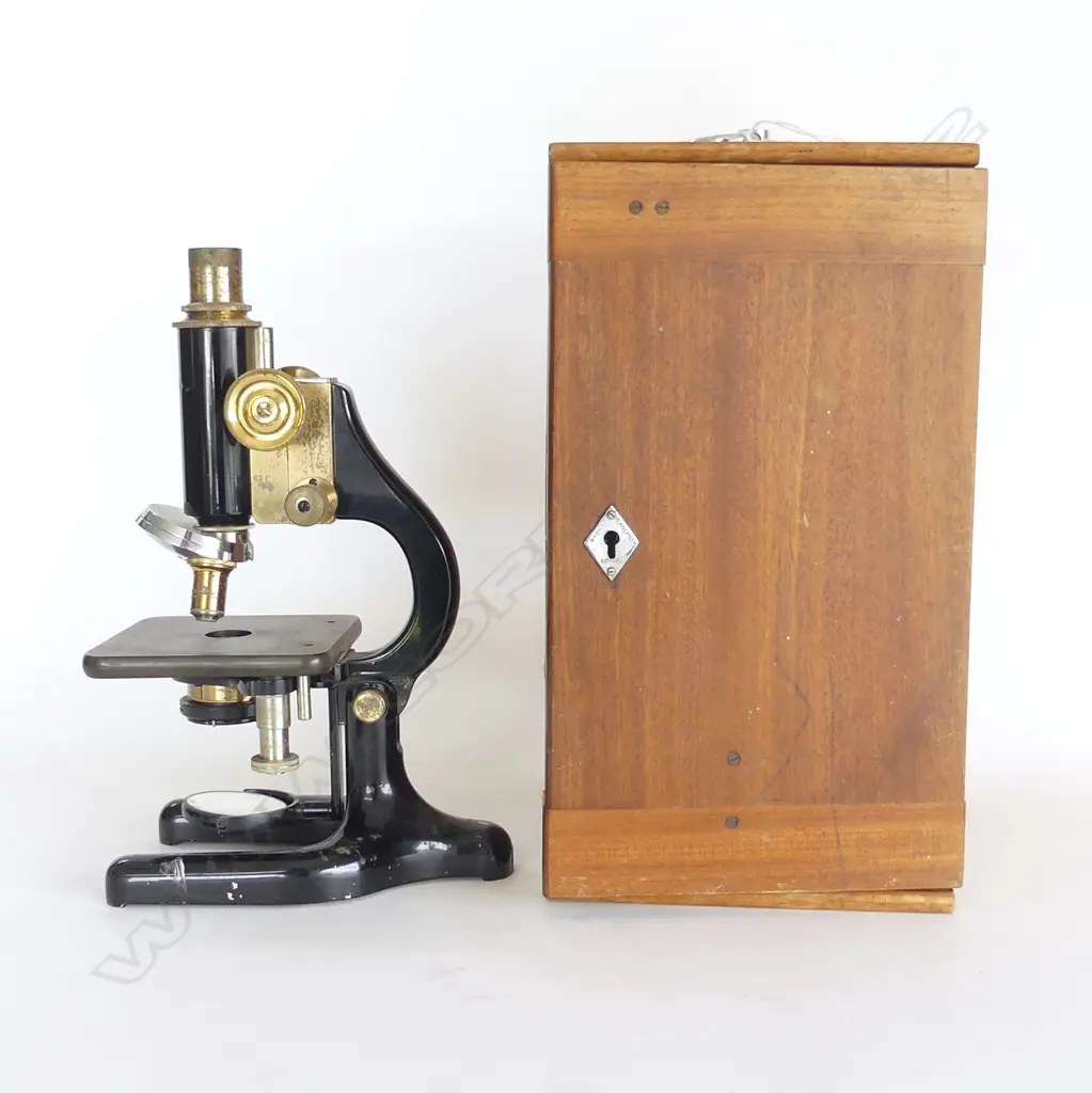 CASED BRASS & BLK LACQUERED MONOCULAR MICROSCOPE, 1938, W.R PRIOR & CO, LONDON Image 1++