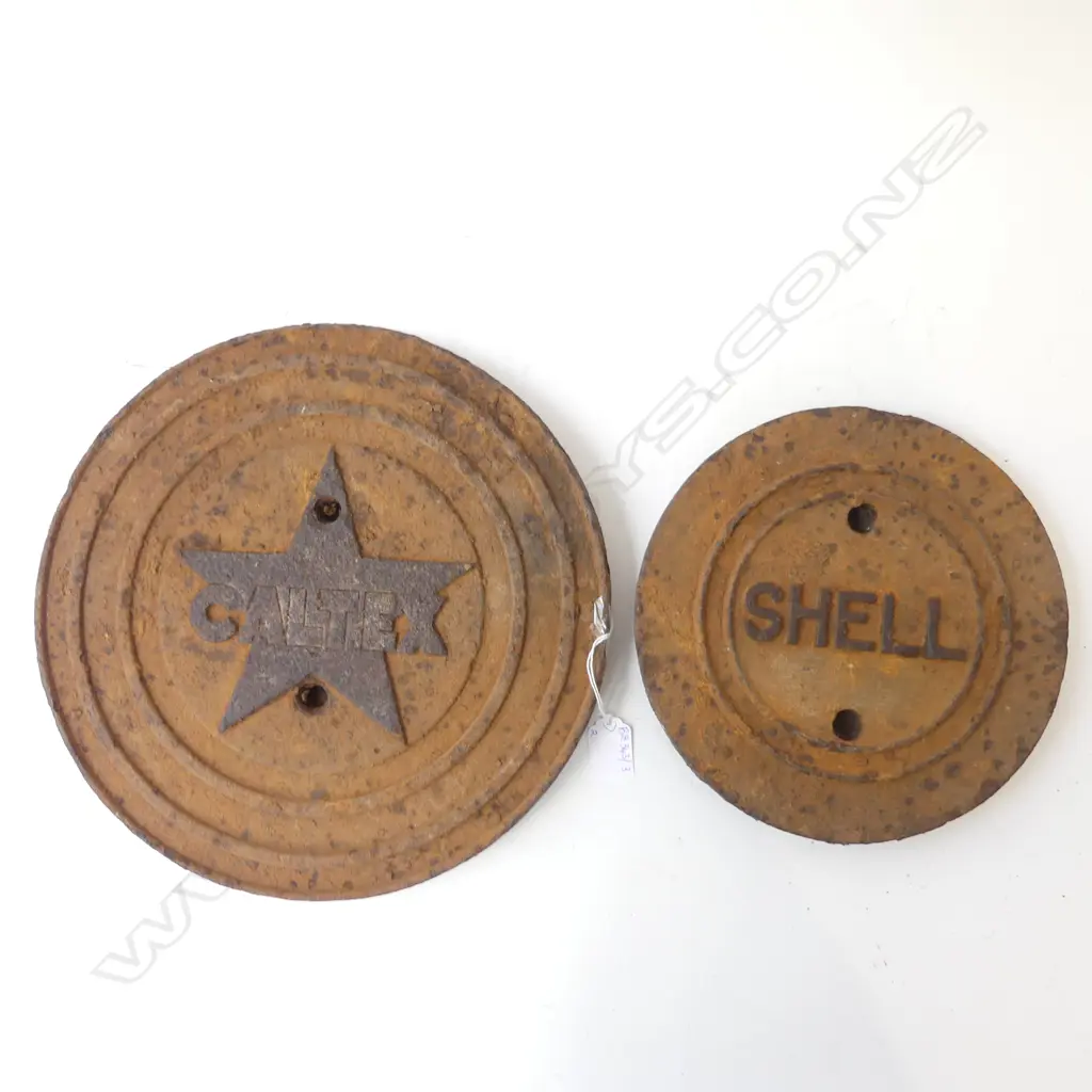 2 VINTAGE CAST IRON PETROL TOBY COVERS; SHELL 245mm & CALTEX 320mm dia Image 1++