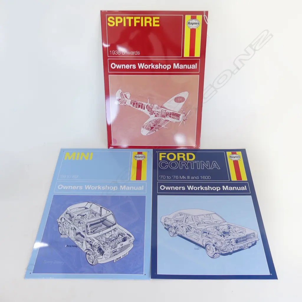 3 METAL SIGNS; MINI, FORD CORTINA, SPITFIRE 410x300mm Image 1++