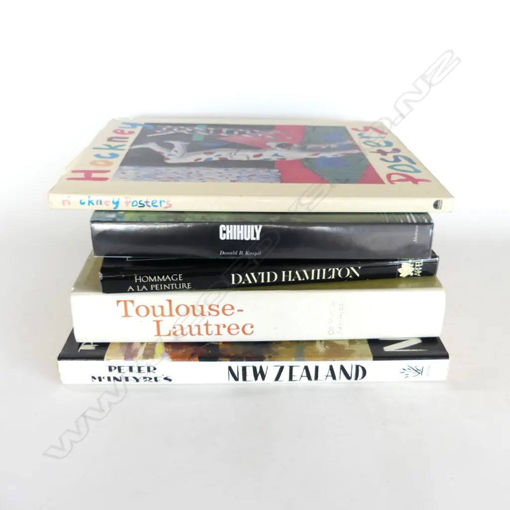 5 ART BOOKS; HOCKNEY POSTERS, PETER MCINTYRES NZ, CHIHULY, TOULOUSE-LAUTREC, DAVID HAMILTON Image 1++