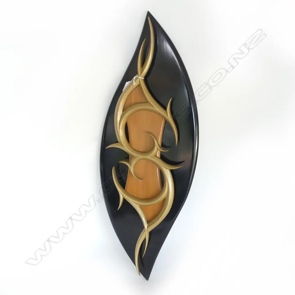 RIKI TIPENE MIXED MEDIA ARTWORK 'MATARIKI' carved & lacquered wood. Signed, entitled & dated 2003  verso 800 x 290mm.. Image 1++