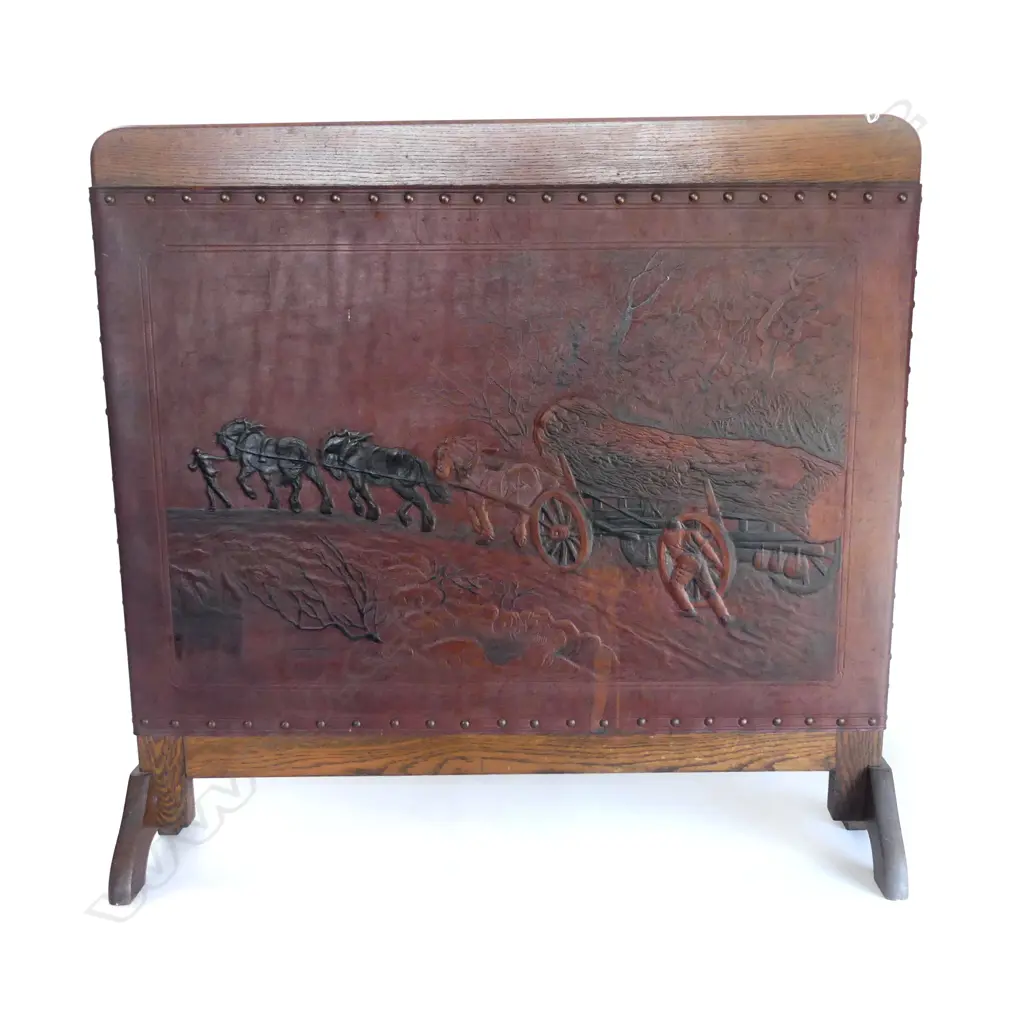 VINTAGE LEATHER WORKED FIRESCREEN LOGGING SCENE SIGNED Made By A Smith Auckland 730 x 760mm Image 1++