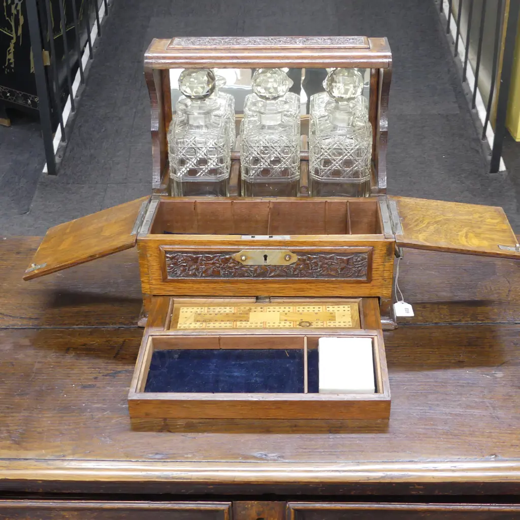 EARLY 20thC OAK TANTALUS w. HIDDEN GAMES DRAWER 360x270x340mm Image 1++