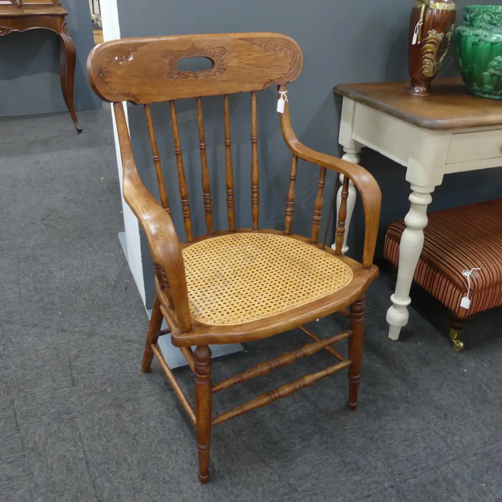 EARLY 20thC OAK SPINDLE BACK ARM CHAIR; CANED SEAT Image 1++