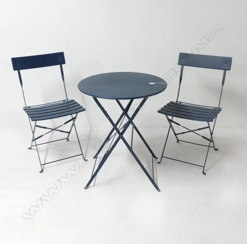 BLUE METAL FOLDING PATIO SET; PR CHAIRS + TABLE 600mm dia  Image 1++
