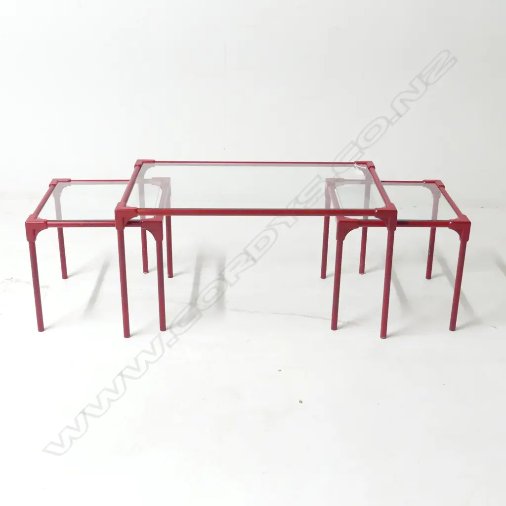 3 GLASS TOPPED RED METAL TABLES 750x450x390mm Image 1++