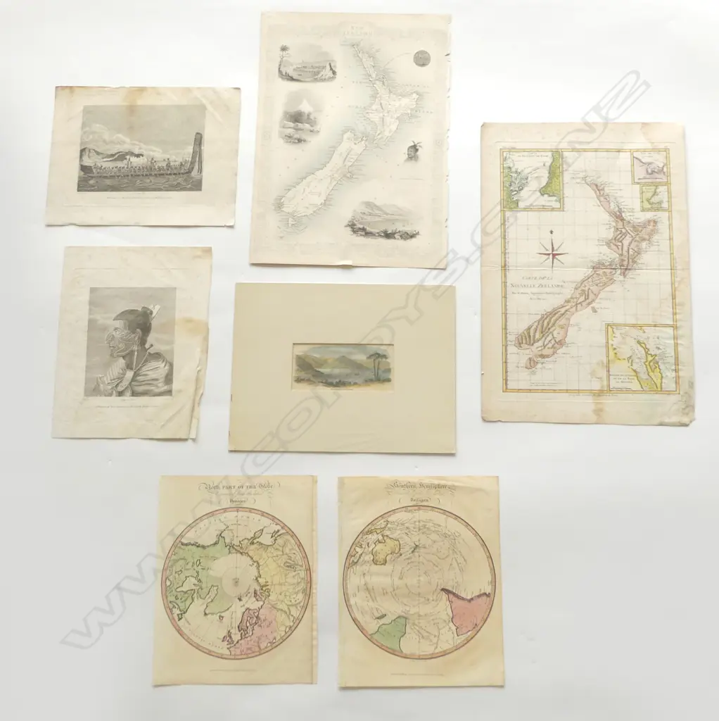 FOLIO 2 EARLY UNFRAMED MAPS OF NZ  2 OTHERS & 3 NZ ENGRAVINGS Image 1++