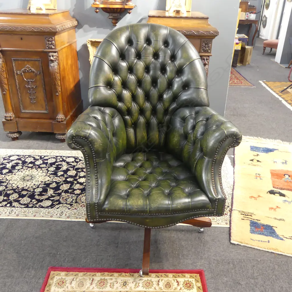 VINTAGE BUTTONED GREEN LEATHER SWIVEL CHAIR, DOERNER CANADA STICKER TO BASE  H.1120mm Image 1++