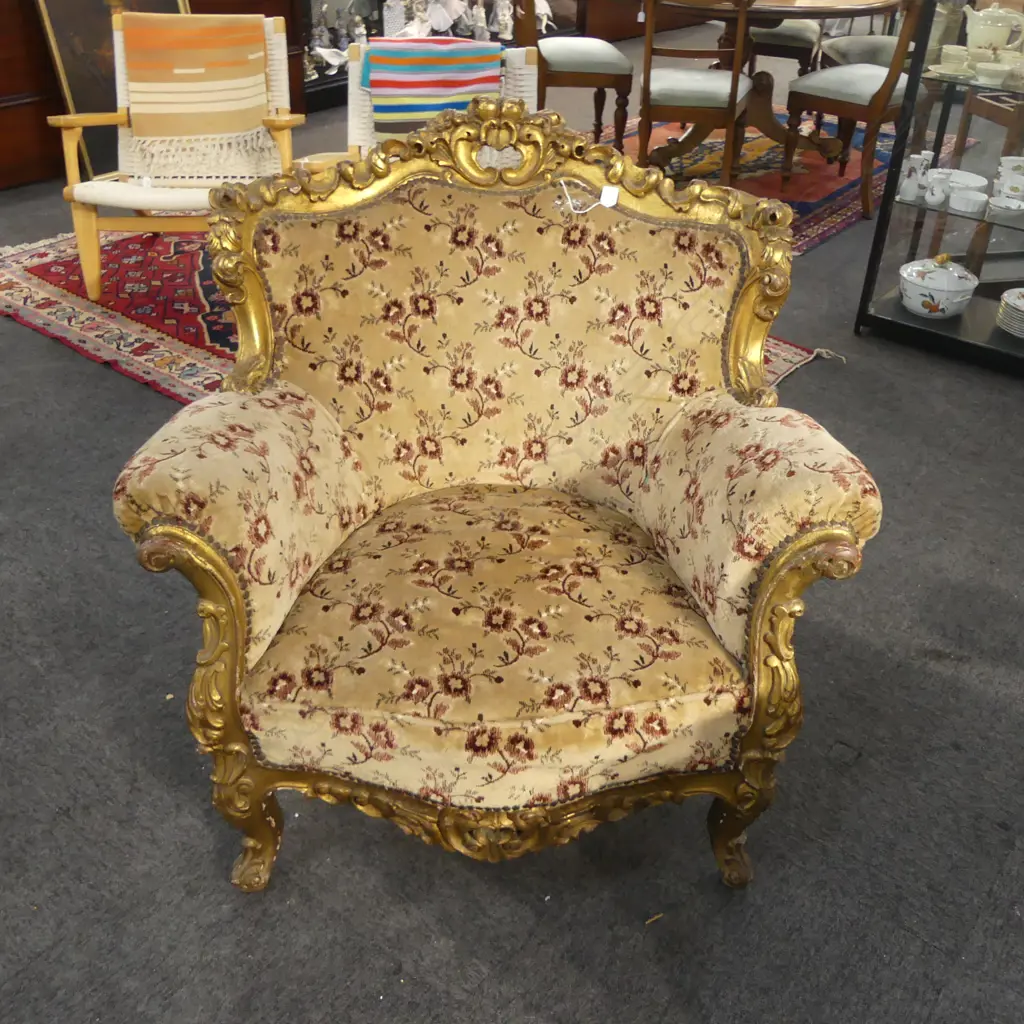 UPHOLSTERED ARM CHAIR, ORNATE GOLD FRAME 940x700x950mm Image 1++