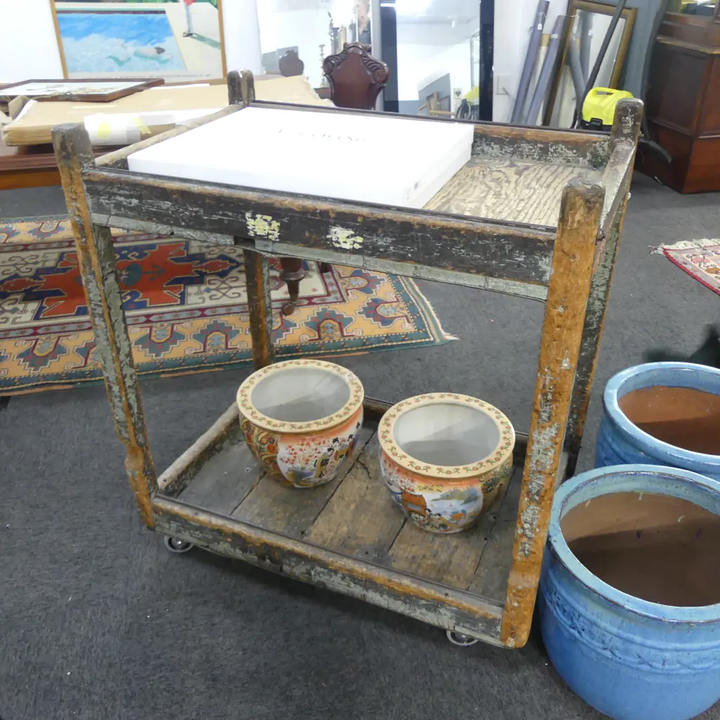 RUSTIC INDUSTRIAL STYLE PAINTED WOODEN TROLLEY TABLE 940x610x1030mm Image 1++