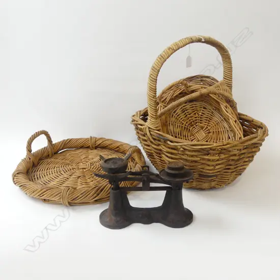 ASST. CANE BASKETS + CAST IRON SCALES