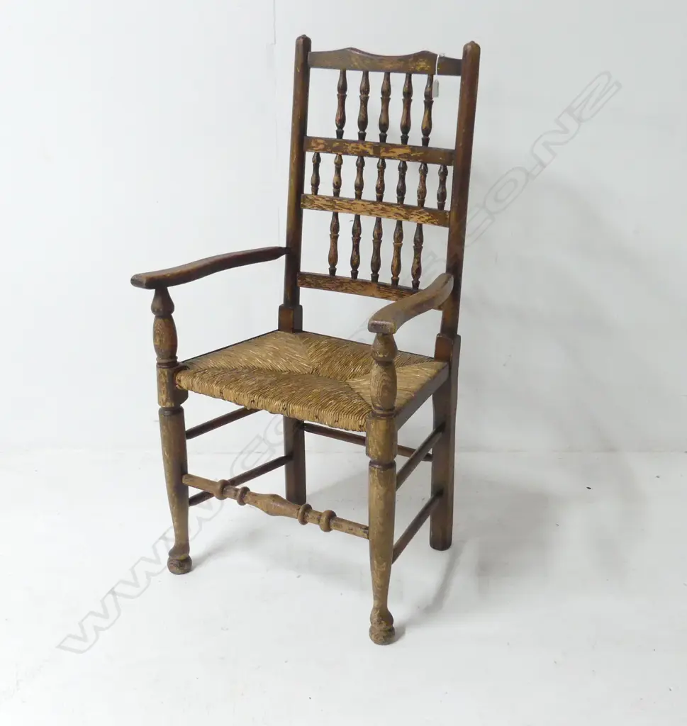 20thC OAK TRADITIONAL LADDER BACK CARVER/ARM CHAIR W RUSH SEAT Image 1++