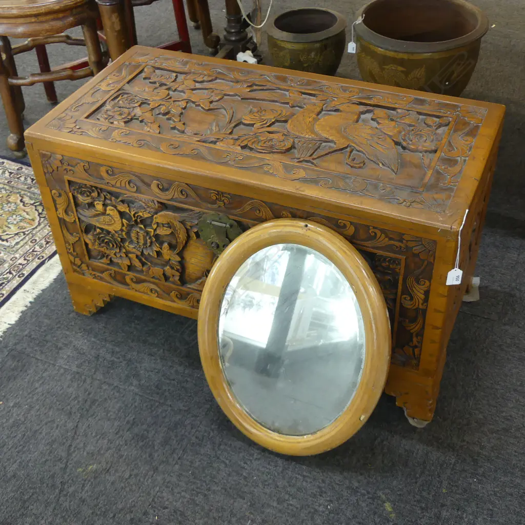 LG CARVED CAMPHOR CHEST + OVAL MIRROR INSIDE Image 1++