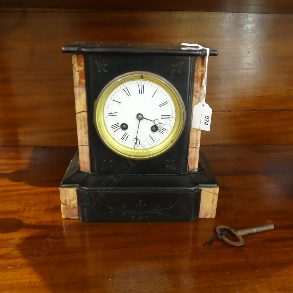 BLACK SLATE ANTIQUE MANTLE CLOCK H.220mm w. pendulum & key... Image 1++