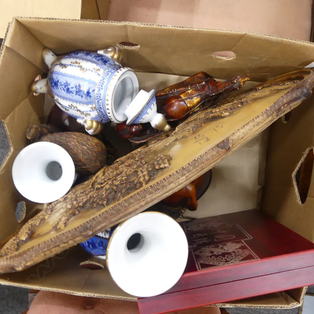 ASST. RESIN PCES; LG ORIENTAL OVAL PLAQUE 350x640mm, KIWI, MAORI WARRIOR + BOXED CHINESE SCARVES, 3 PORCELAIN VASES Image 1++