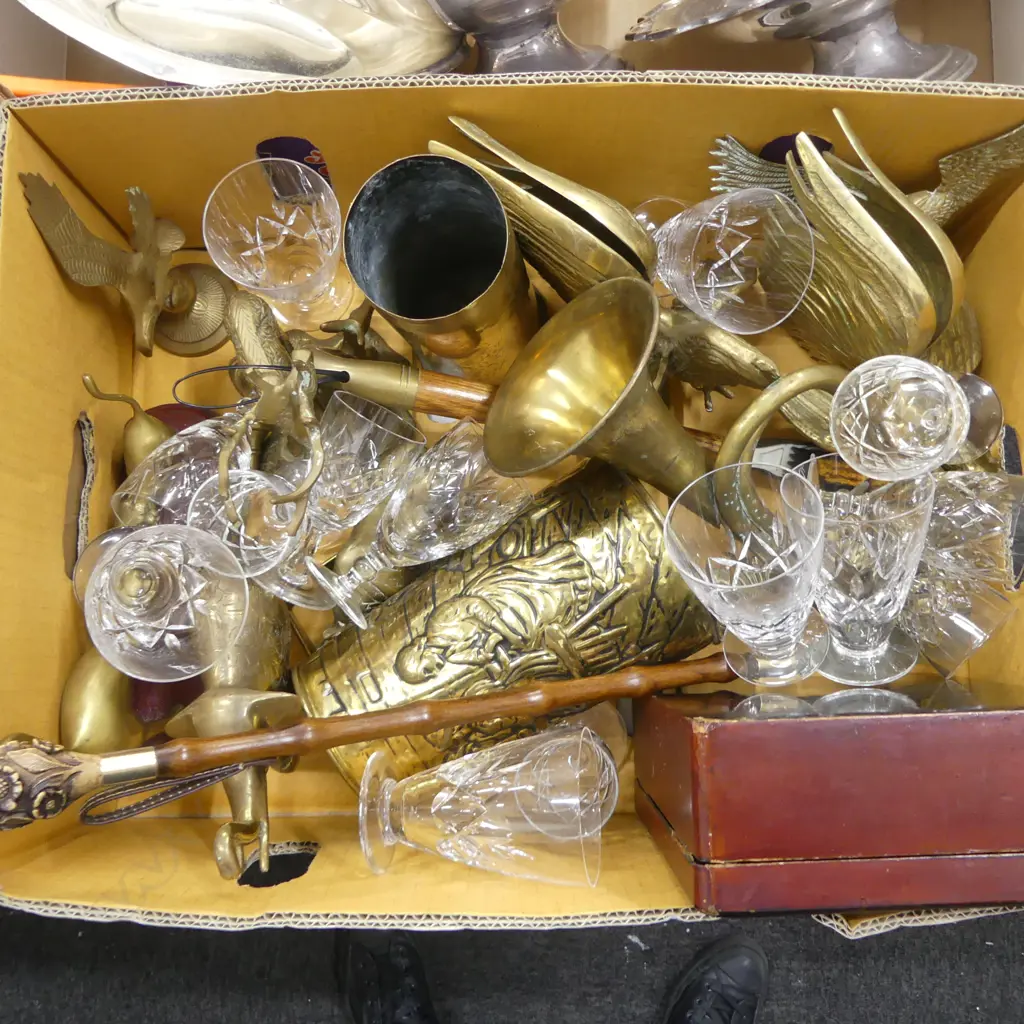 ASST. BRASS ANIMAL ORNAMENTS, SHELL CASING, TRUMPET, CRYSTAL Image 1++
