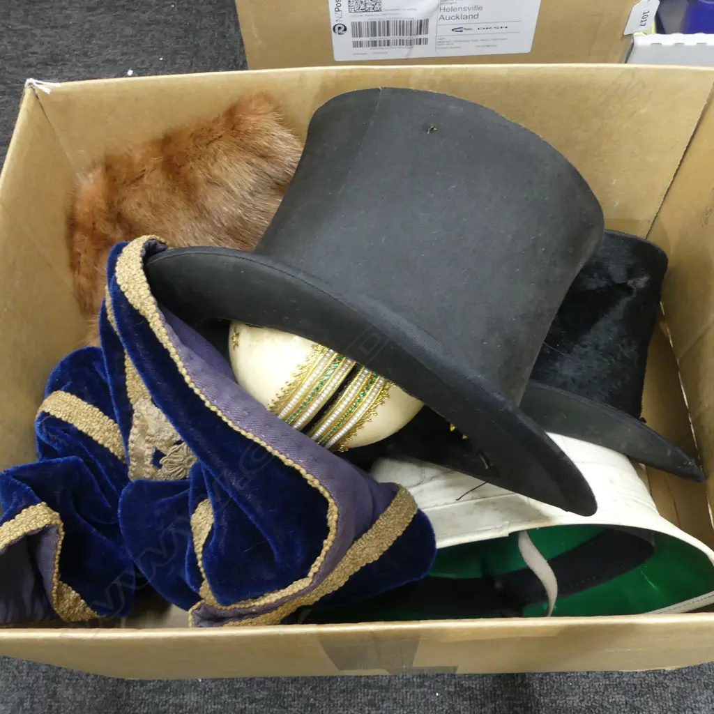 2 ANTIQUE TOP HATS, SAFARI HAT, EGG, FUR STOLE Image 1++