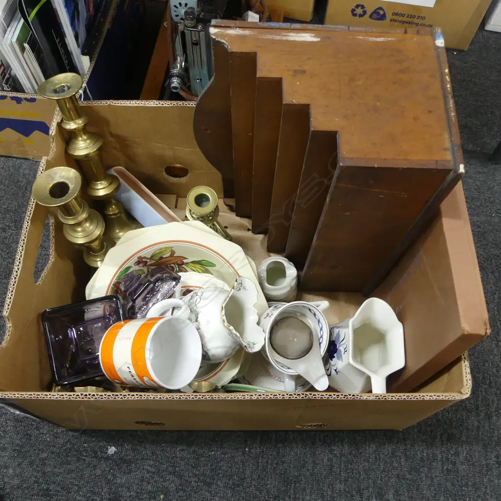 ASST. CHINA, BRASS CANDLESTICKS, WOODEN FILE RACK ETC Image 1++
