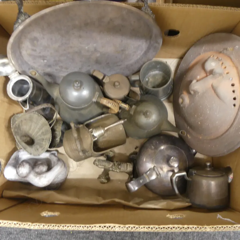 BOX OF SILVER PLATE ITEMS includes sugar scuttle w scoop + brass old Indian toy horse on wheels + pottery mask Image 1++