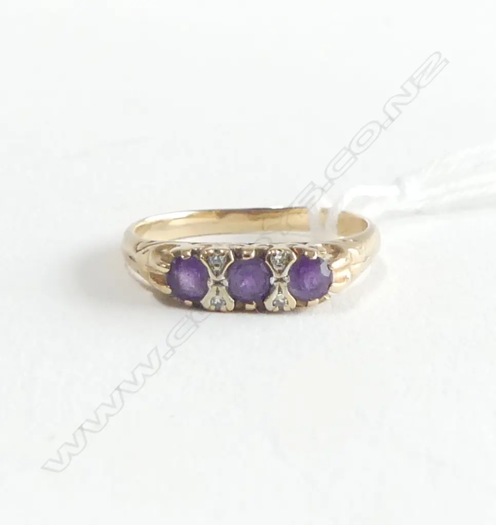 VINTAGE 9ct 3 AMETHYST & DIAMOND BRIDGE RING coronet mount 2.85gms Image 1++