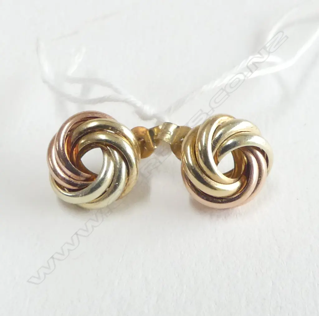 PR 9ct 2 COLOUR GOLD KNOT EARRINGS 1.24gms Image 1++