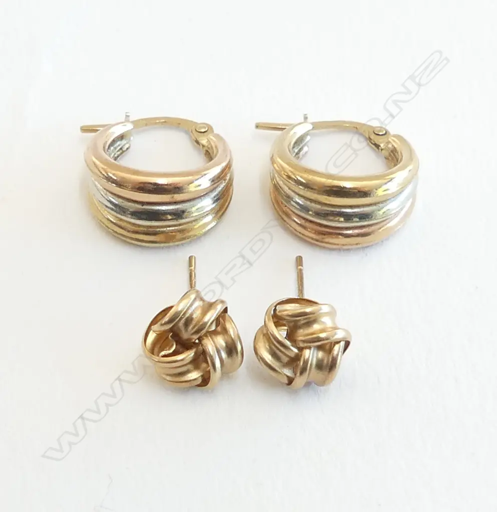 2 X PRS 9ct GOLD EARRINGS: 3 COLOUR HUGGIE TYPE + SMALL KNOTS no butterflies 2.48gms Image 1++